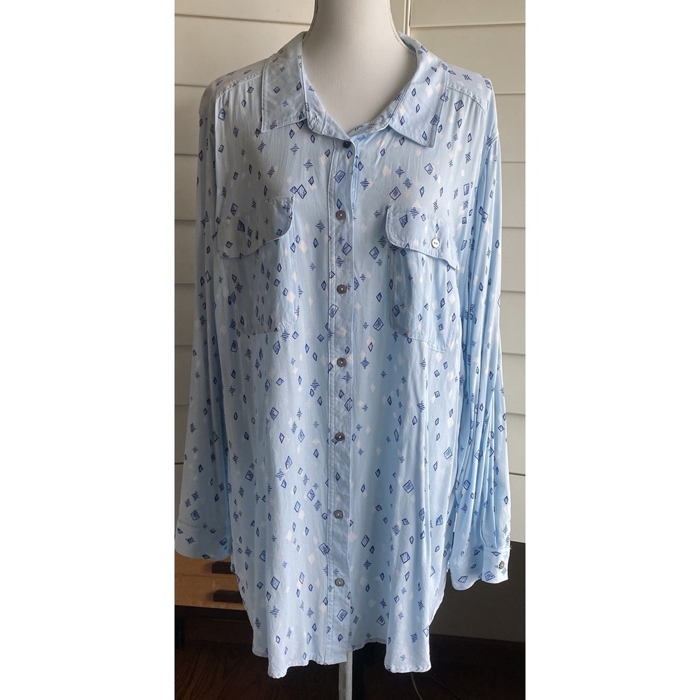 Woman Within 2X Southwestern Aztec Print Button Rayon Shirt Blouse Blue Roll Tab
